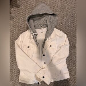 Blank NYC White Denim Jacket with Gray Hood Lining